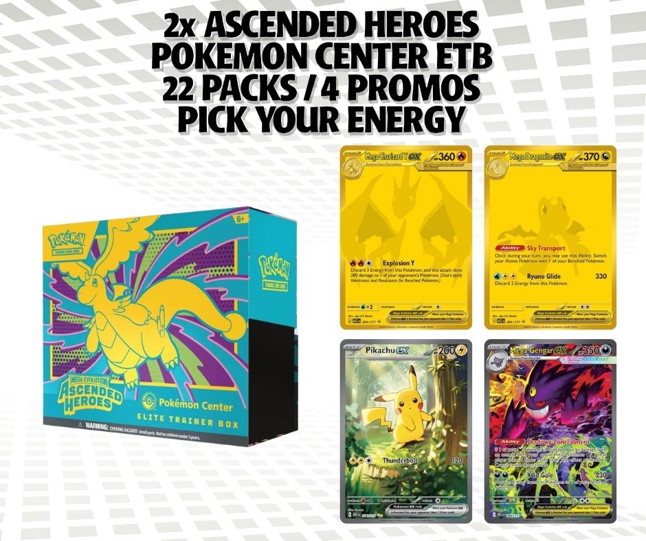 2x ASCENDED HEROES POKEMON CENTER ETB | +4 PROMOS | PICK YOUR ENERGY