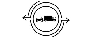 A moving van with stick figures carrying items in a circle with arrows.